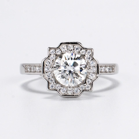 1CT Sparkling Round Cut Platinum Plated Sterling Silver Halo Moissanite Ring, Engagement
